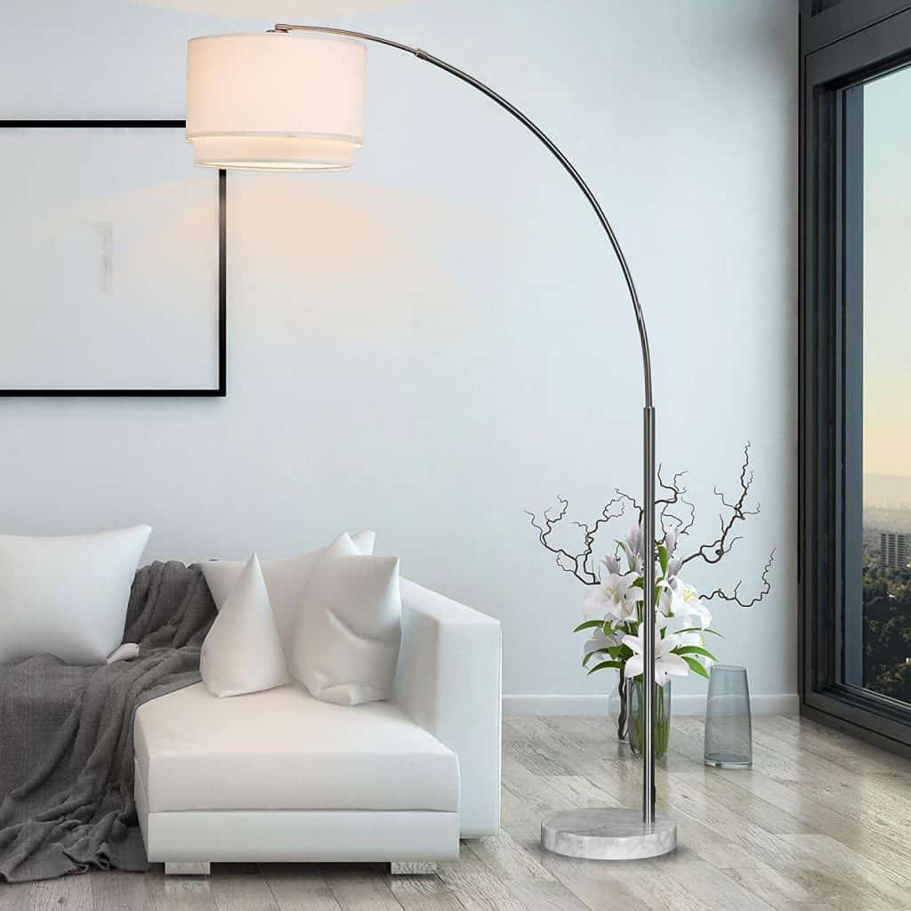 SH Lighting Brush Steel Arching Floor Lamp with White Marble Base