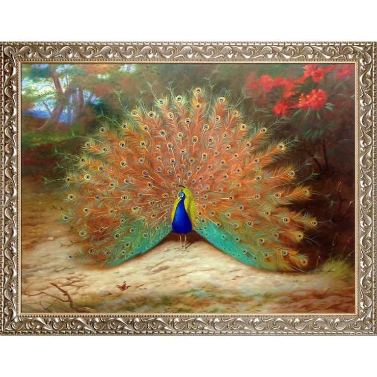 36 Peacock Decor Ideas 2022 Decorating Guide   OverstockArt Peacock Peacock Butterfly 1917 By Archibald Thorburn Framed Hand Painted Oil On Canvas With Rococo Silver Frame 768x768 